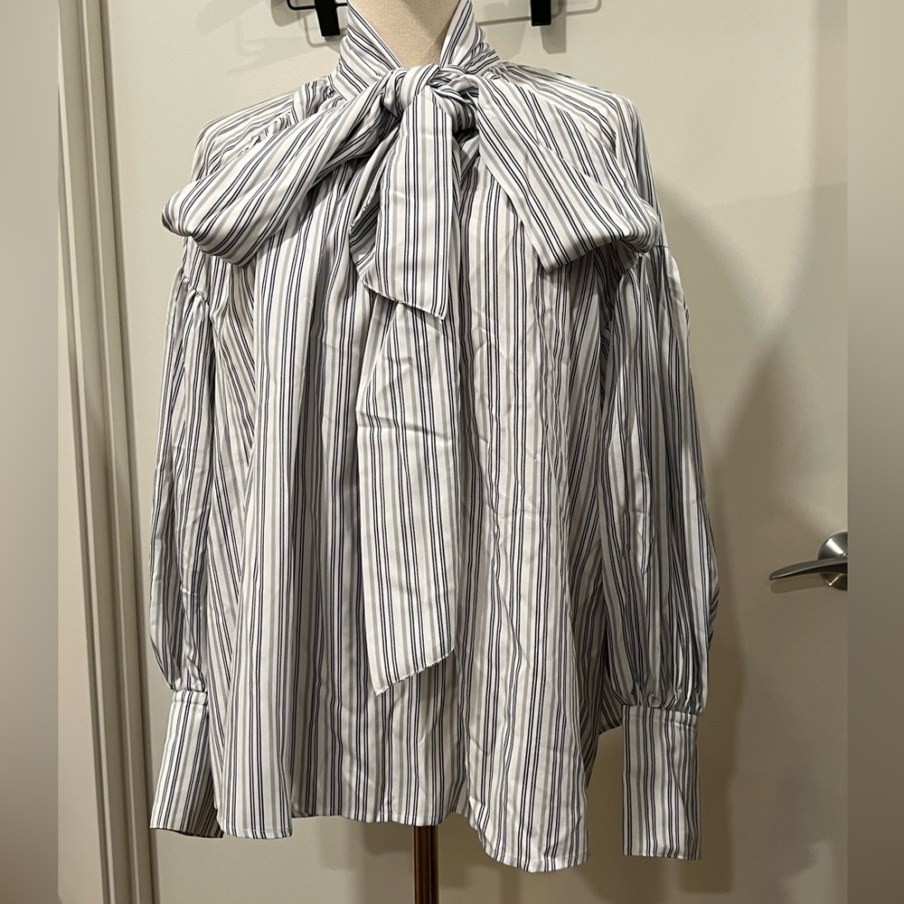 Striped Bow-Tie Blouse - White & Blue
